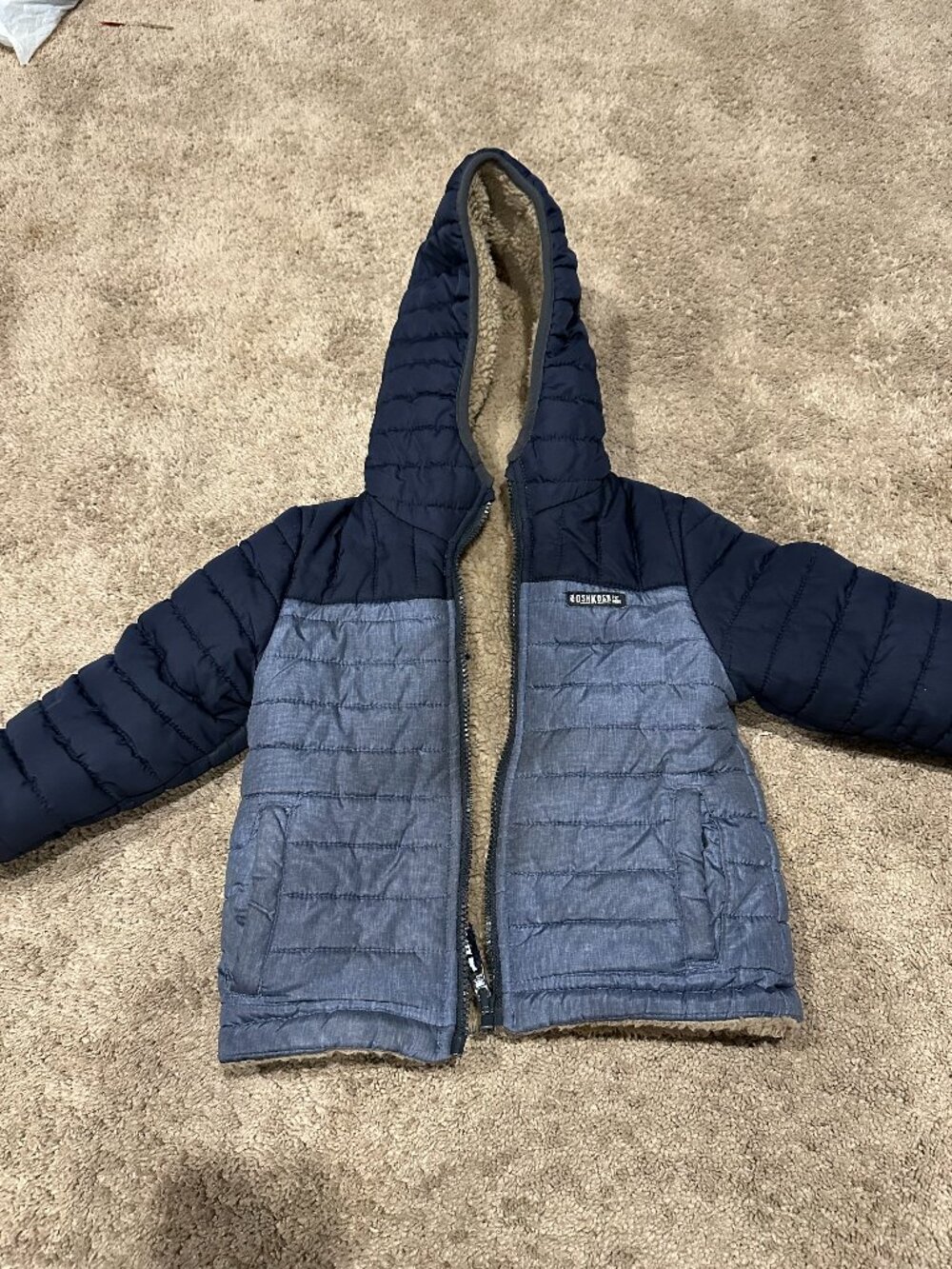 OshKosh B'gosh Boys 3T Reversible Puffer Jacket Navy Blue Tan Sherpa Hood